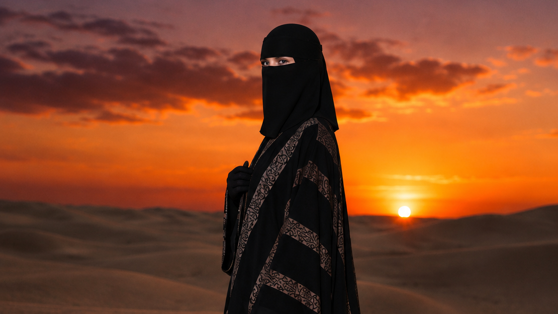 A woman wearing a black niqab and long black abaya with metallic silver patterned stripes stands in profile in a desert dune landscape at sunset, with an orange and purple sky behind her.
