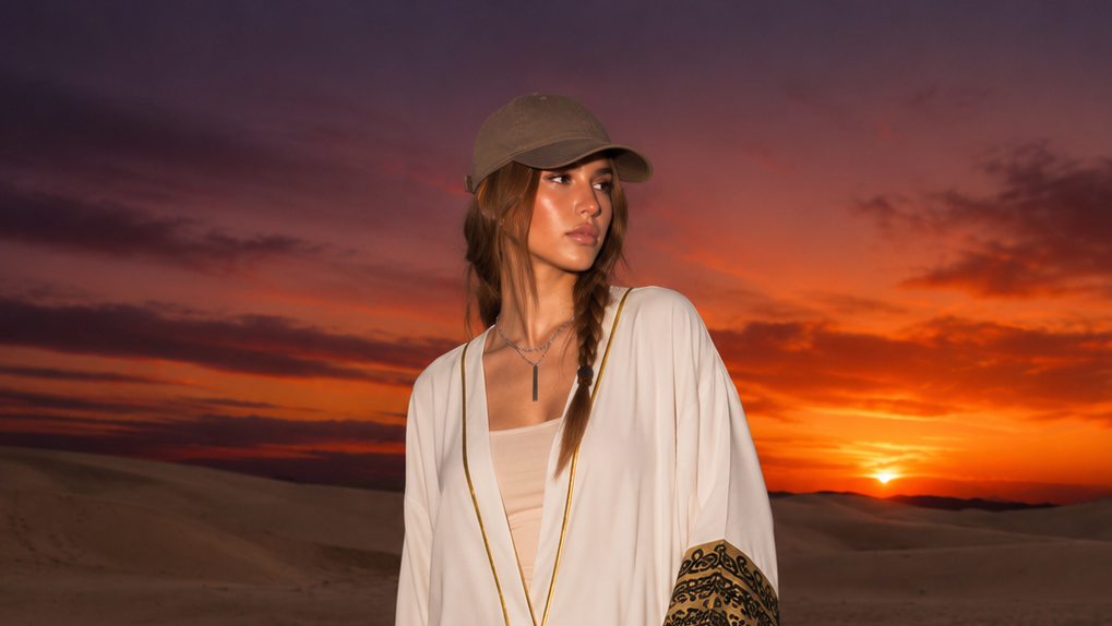 A woman stands in a desert at sunset wearing a long white abaya with ornate gold patterned panels on the sleeves and lower front, along with a beige cap and dark pants.